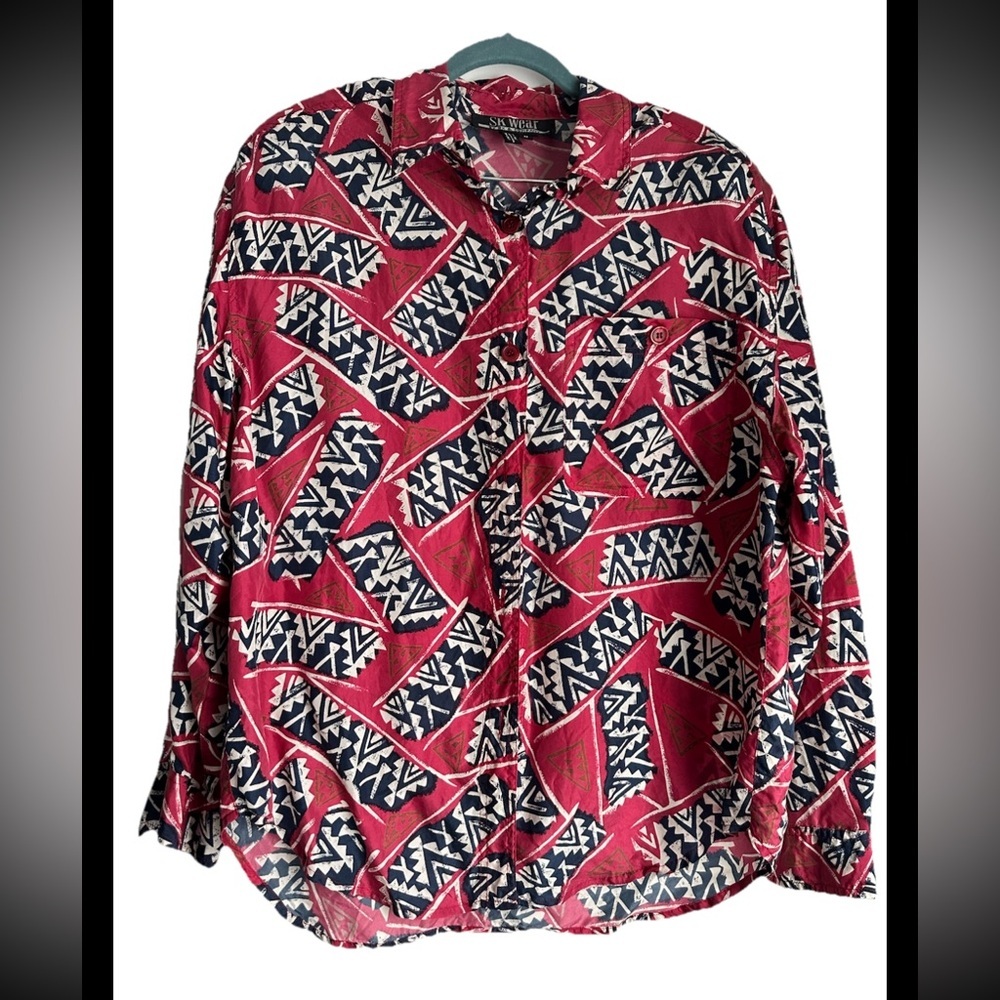 SK WEAR Women’s VINTAGE Silk Red Navy Geometric Button Up Blouse Sz M
